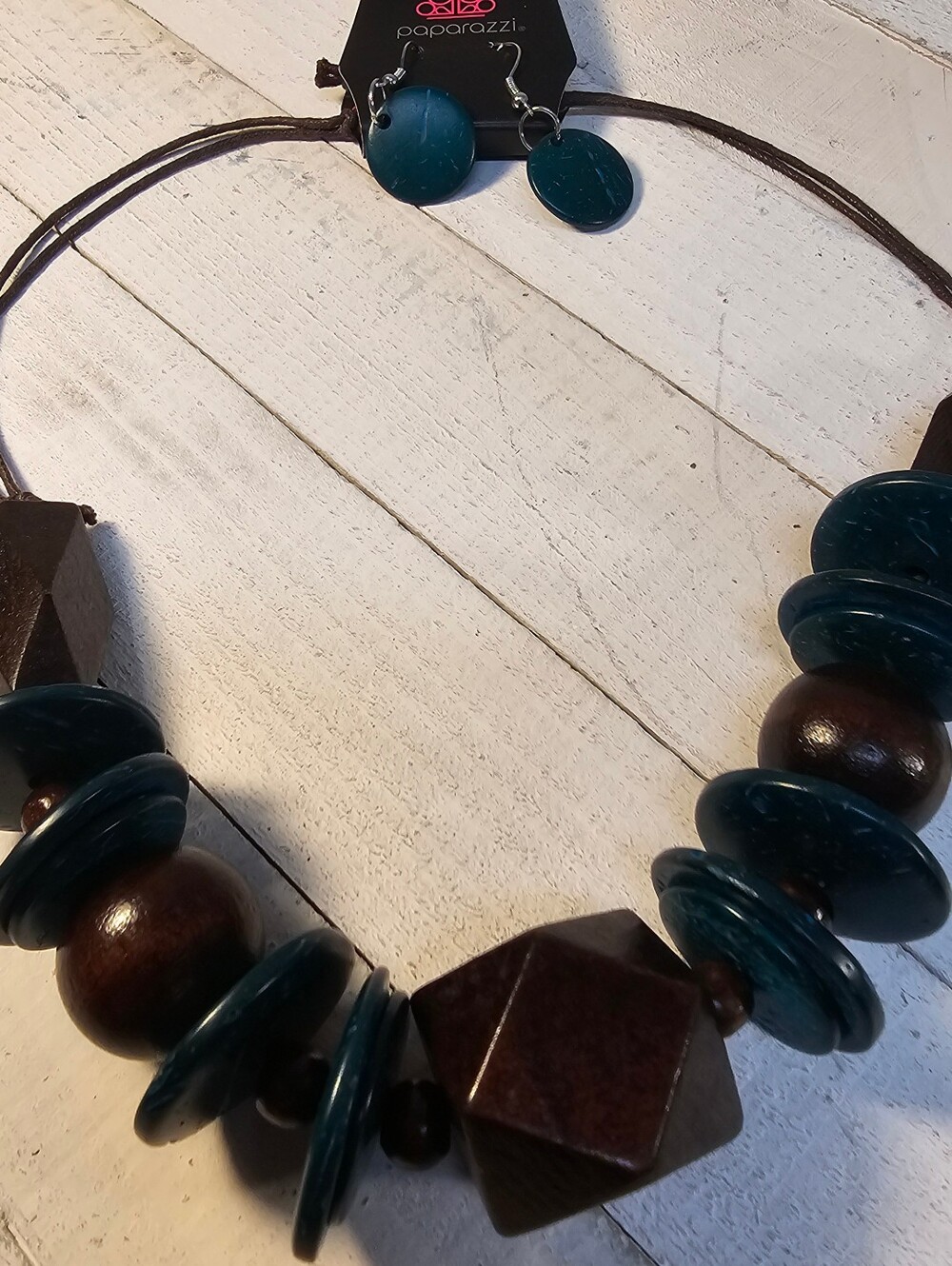 Paparazzi Teal and Brown Chunky Beaded Necklace with Matching Earrings